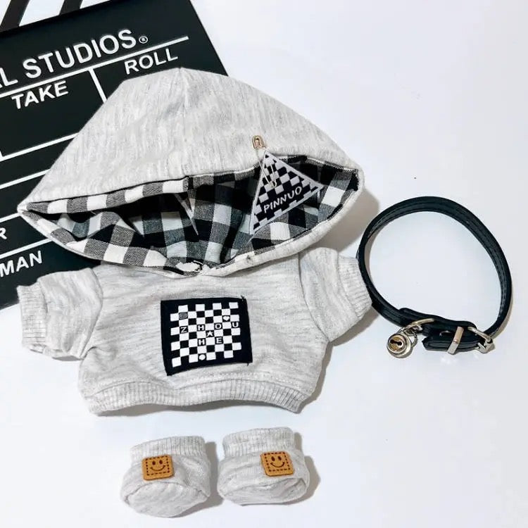 [Grey, White] Checkered Hoodie Outfit for 20 cm Plush Doll Hobby Prop